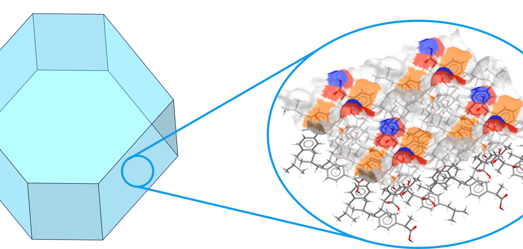 CSD-Particle can provide insight into surface chemistry and topology. Here, hydrogen bond donors, hydrogen bond acceptors, and aromatic groups on the surface are highlighted in blue, red, and orange respectively